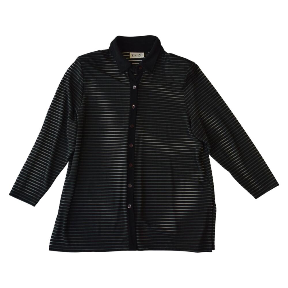 Vintage Black Sheer Stripe Button-Down Top Plus Size 2X